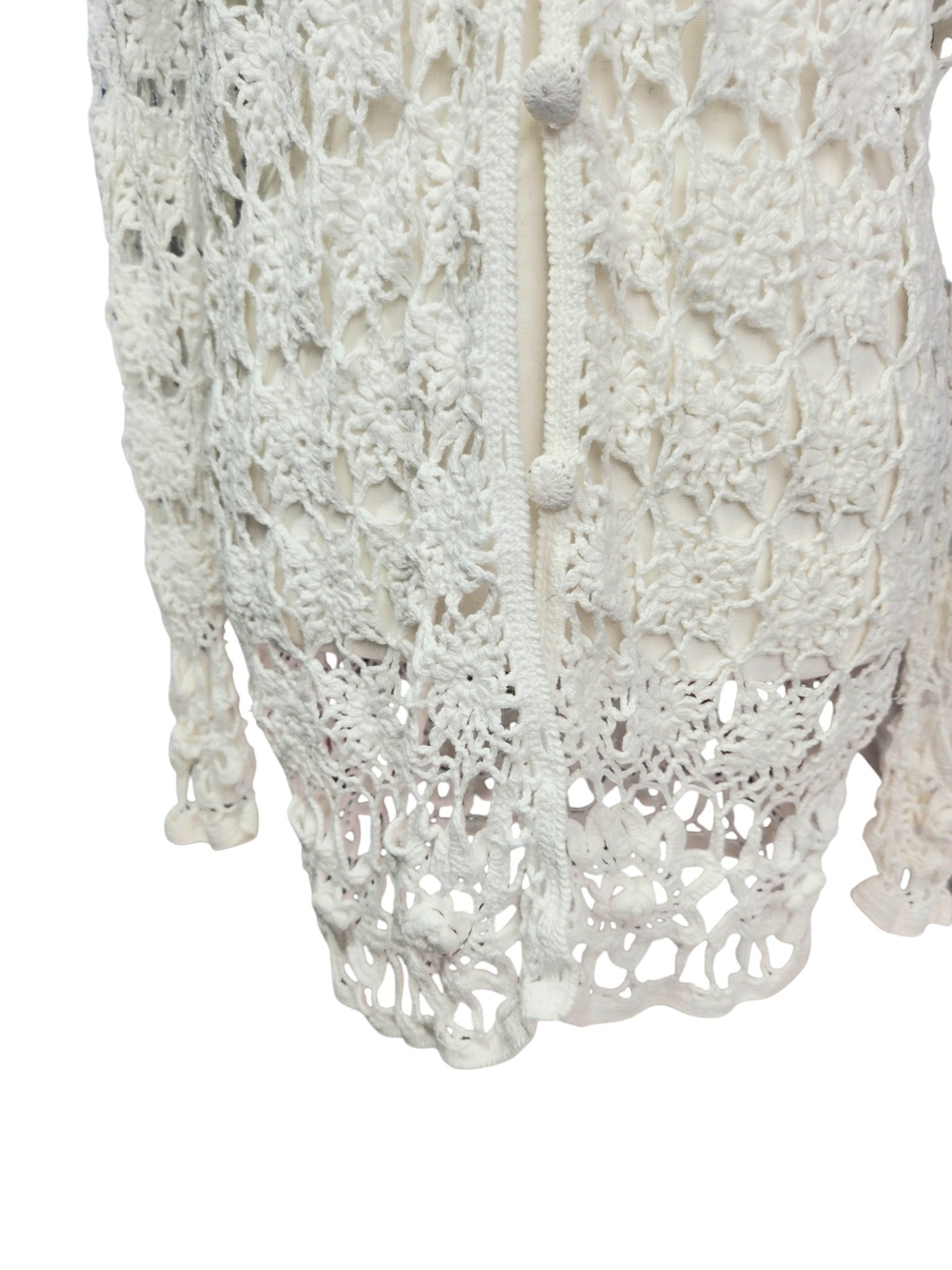 Crochet Cardigan White Sweater Med Boho Open Knit Button Front Cover Up Festival - Picture 4 of 15